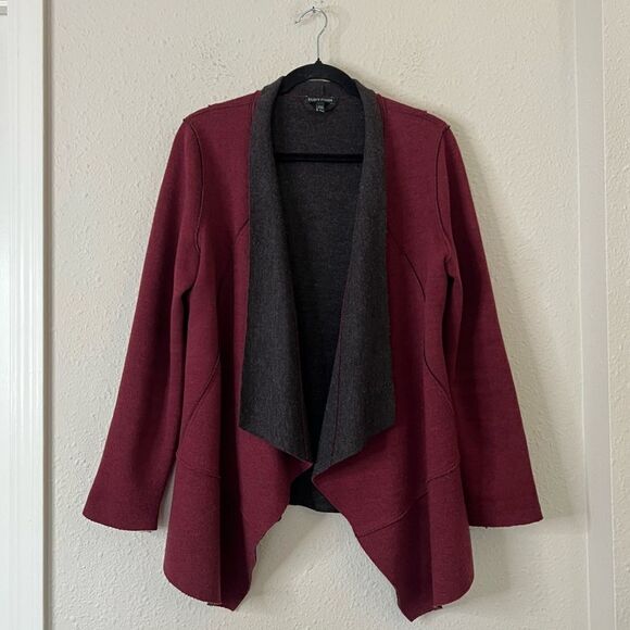 Eileen Fisher Burgundy Structured Moto Long Jacket Cardigan Medium Merino Wool - Picture 5 of 11